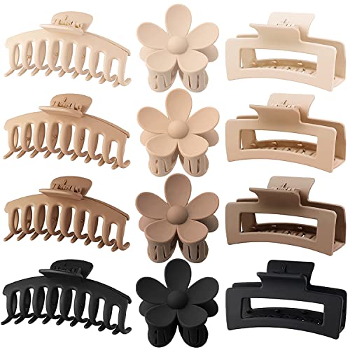 12 Pack Large Hair Claw Clips for Women - 4.3 Inch Rectangle Hair Clips with Strong Hold, Matte Finish, 3 Styles (Flower, Banana, Jaw Clips) for Thin, Thick & Curly Hair - Neutral Colors for Everyday Use, Work, Gym & Travel