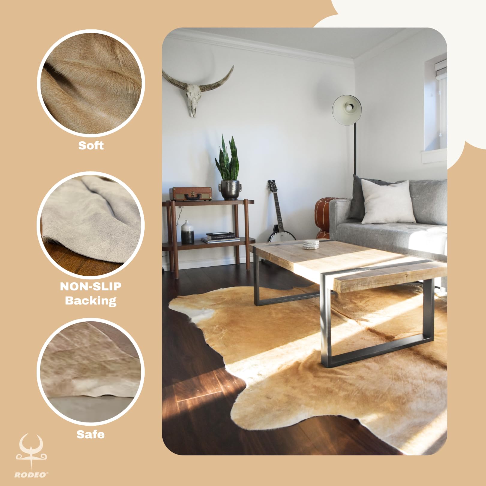 Genuine Cowhide Rug 7x8 ft - Natural Beige Cow Hide Area Rug for Western Decor, Ranch & Country House Style, Wall Hanging - Perfect for Living Room, Bedroom, or Cabin Floor Decor
