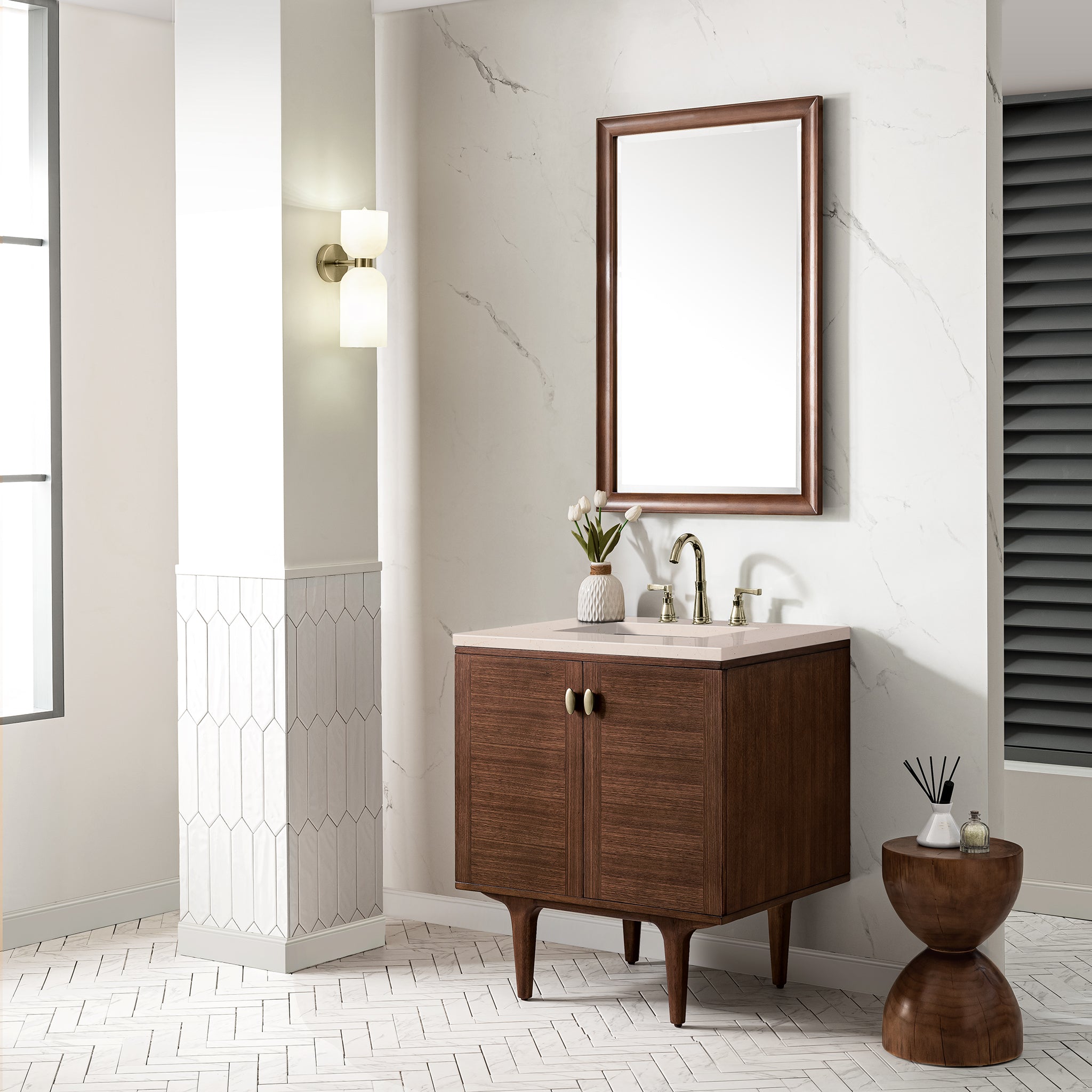 Amberly 30 Inch Single Bathroom Vanity - Mid Century Modern Walnut Finish with 3CM Eternal Marfil Stone Top | Perfect for Small Bathrooms, Powder Rooms & Master Suites