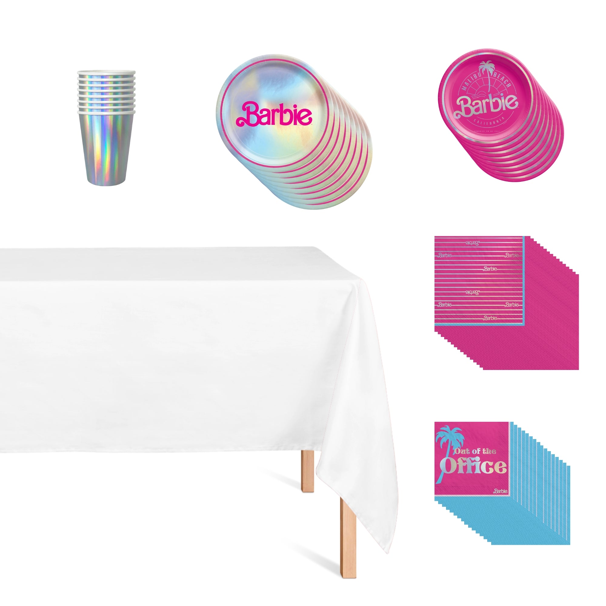 Barbie Malibu Basic Tableware Birthday Party Set for 8 Guests - Pink Plastic Plates, Cups & Utensils - Perfect for Kids Birthday Parties, Tea Parties & Barbie Themed Events