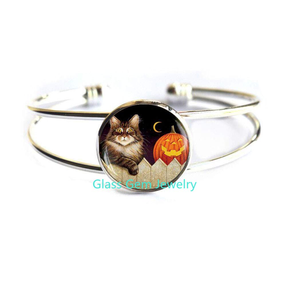 Halloween Glass Gem Cat & Pumpkin Bracelet - Trick or Treat Jewelry Gift for Women, Girls - Perfect for Halloween Parties, Costume Accessories & Spooky Celebrations