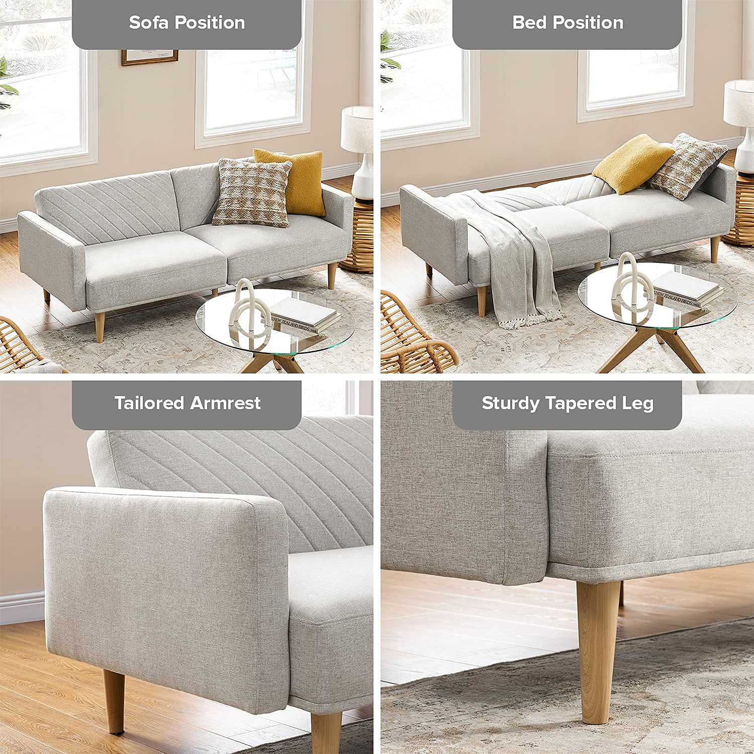 Mopio Mid Century Modern Futon Sofa Bed - Convertible Sleeper Couch, Loveseat for Small Spaces, Light Gray Fabric - Perfect for Living Rooms, Guest Rooms & Apartments