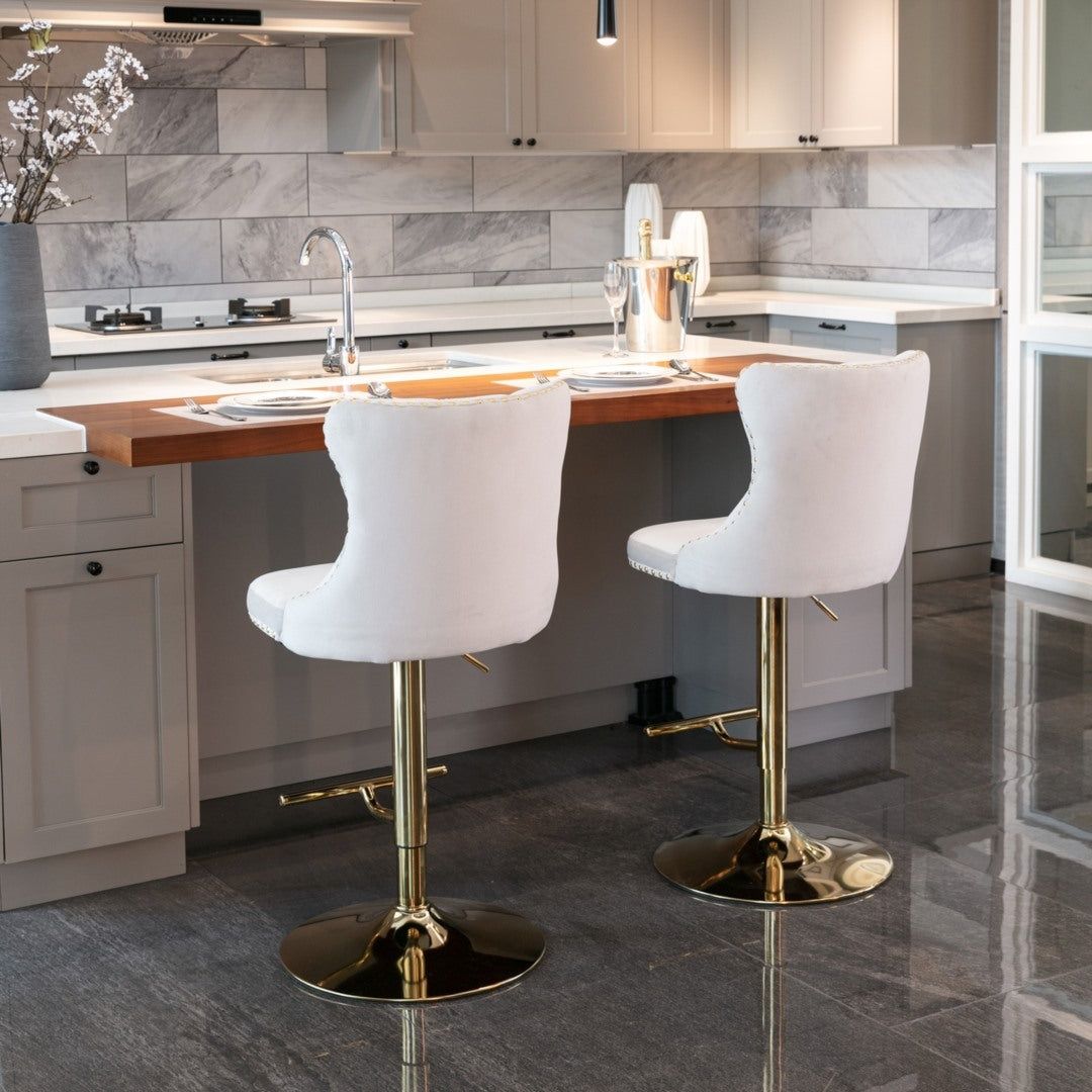 Adjustable Height Swivel Bar Stool with Footrest - Velvet Upholstery, Gold Metal Base & Studded Design - Perfect for Kitchen Islands, Home Bars & Dining Areas (Beige)