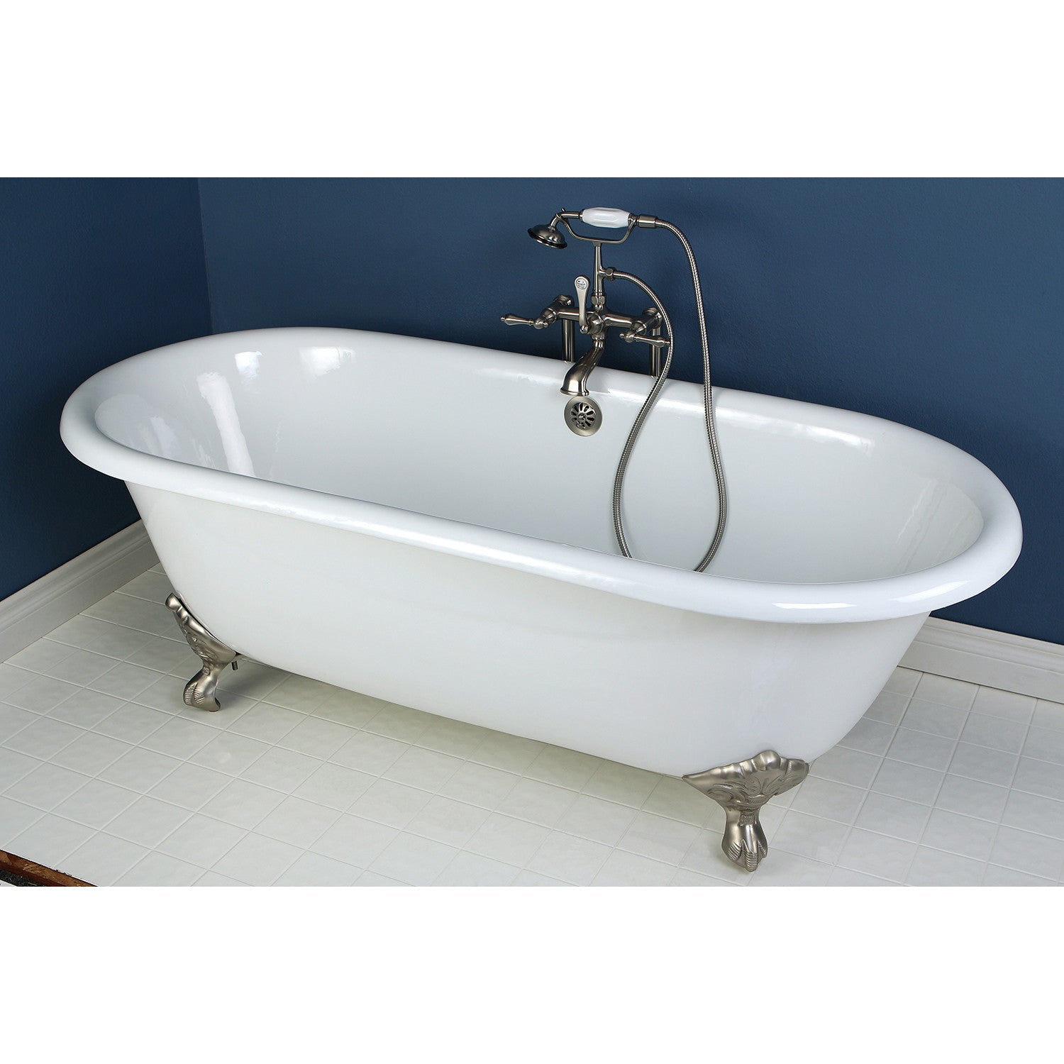 Aqua Eden 66 Inch White Cast Iron Clawfoot Bathtub - Oval Double Ended Freestanding Soaking Tub with Brushed Nickel Feet - Perfect for Vintage Bathroom & Luxury Spa Retreats