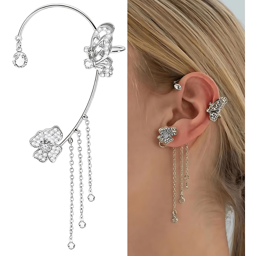 Non-Pierced Butterfly Tassel Elf Ear Clip Rose Wrap Climber Earrings for Women - Boho Festival Accessories | Perfect for Cosplay, Halloween Costumes & Fairy Themed Parties (Style A0148)
