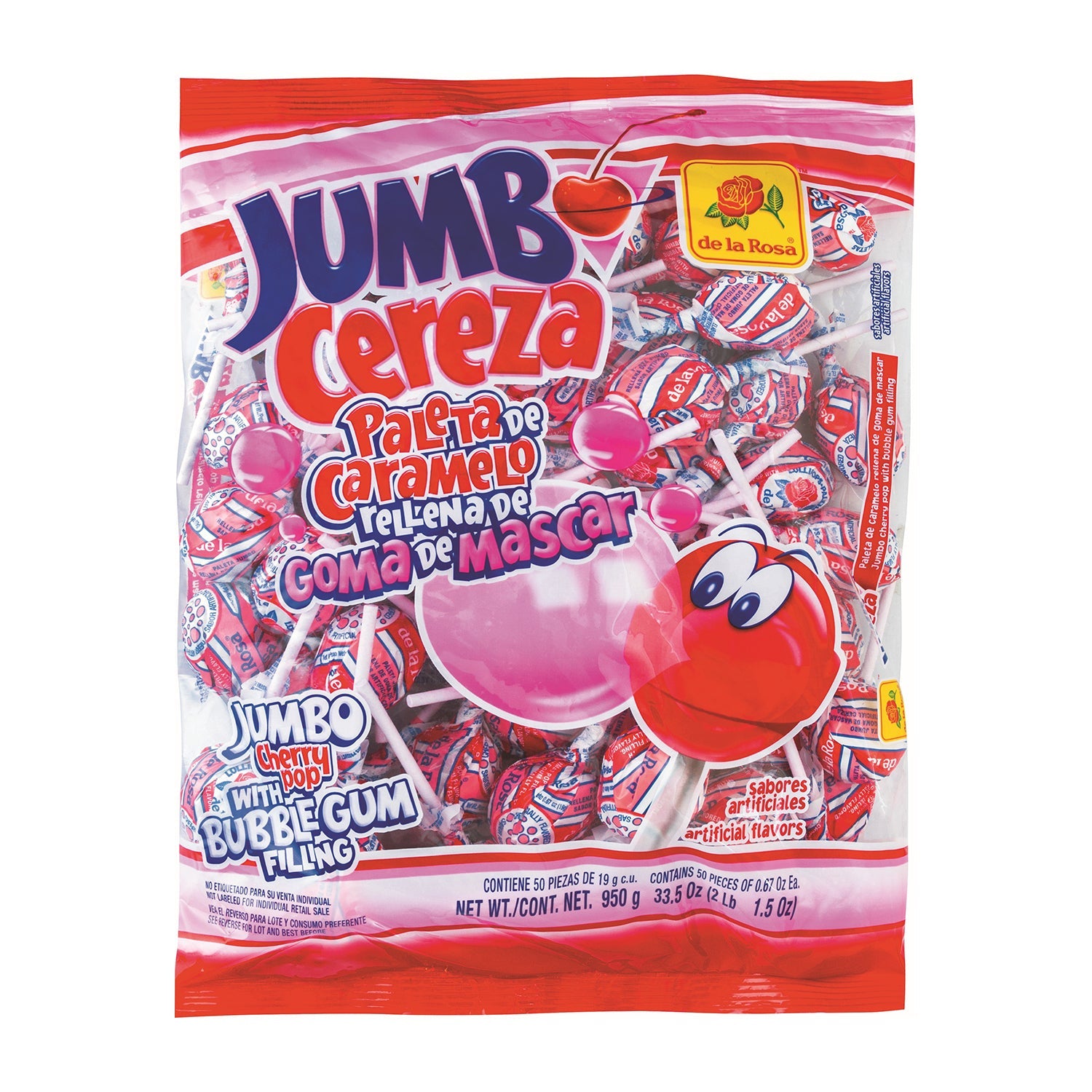 De La Rosa Jumbo Cherry Paleta Candy - 50ct Bag | Bulk Mexican Candy for Parties, Snacks & Gifting