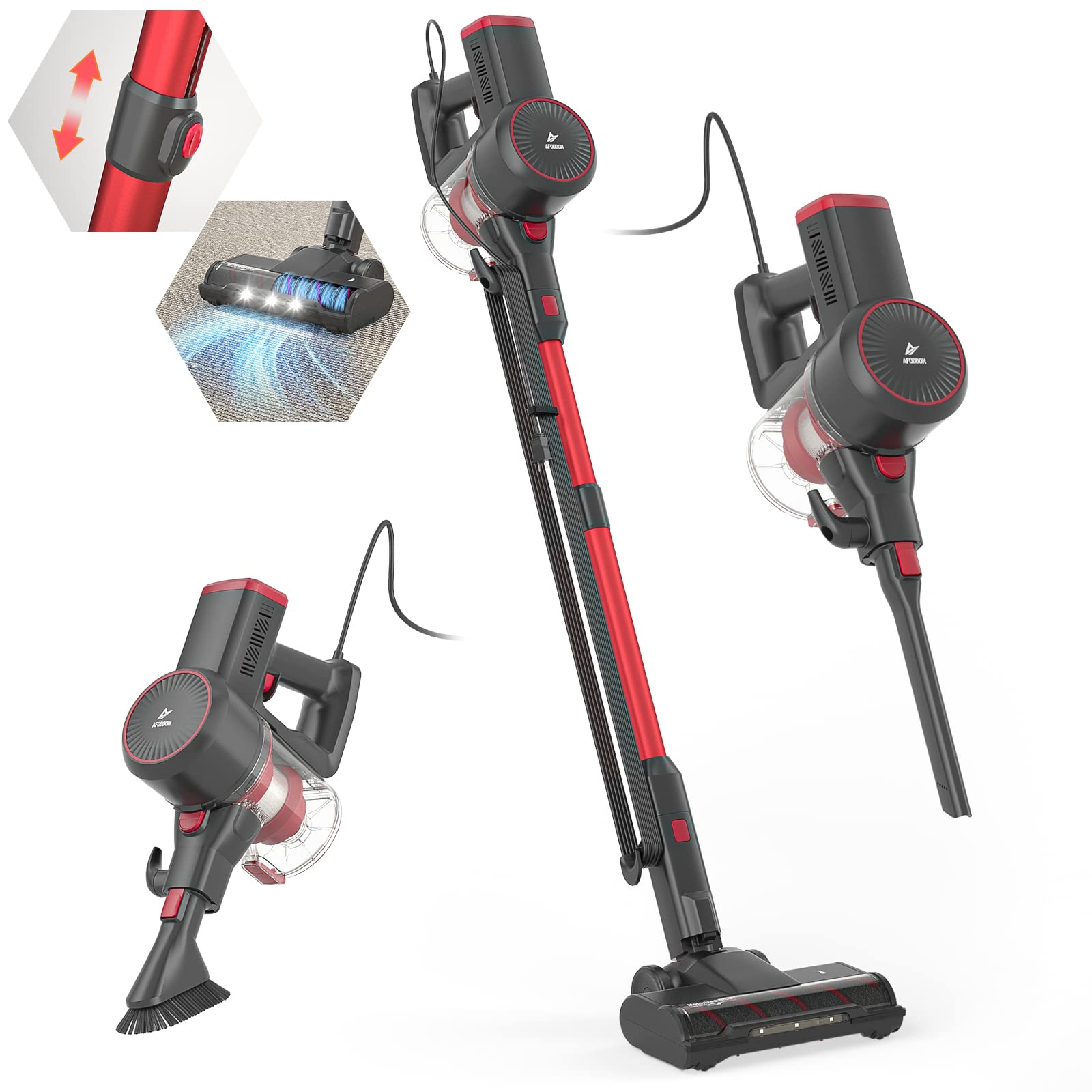 Afoddon 600W 20Kpa Corded Stick Vacuum Cleaner with Anti-Tangle Motorized LED Floor Brush - 6-in-1 Lightweight Vacuum for Hardwood Floors, Carpets & Pet Hair - Self-Standing Design with Multi-Tool Attachments - Perfect for Home Cleaning, Pet Owners & Quick Pickups (Model A300)