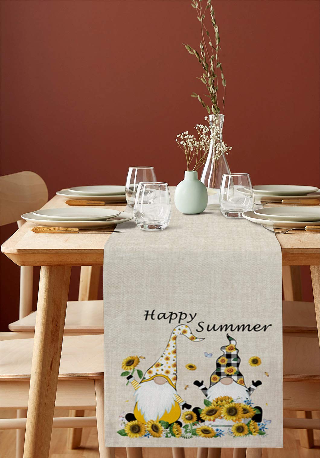 Sunflower Gnomes Hello Summer Table Runner - 108 Inch Long Farmhouse Burlap Dining Tablecloth for Coffee Table, Kitchen Island, Party Decor - Rustic Nature Home Decor - Perfect for Summer Gatherings, Picnics, and Farmhouse Themed Events (13