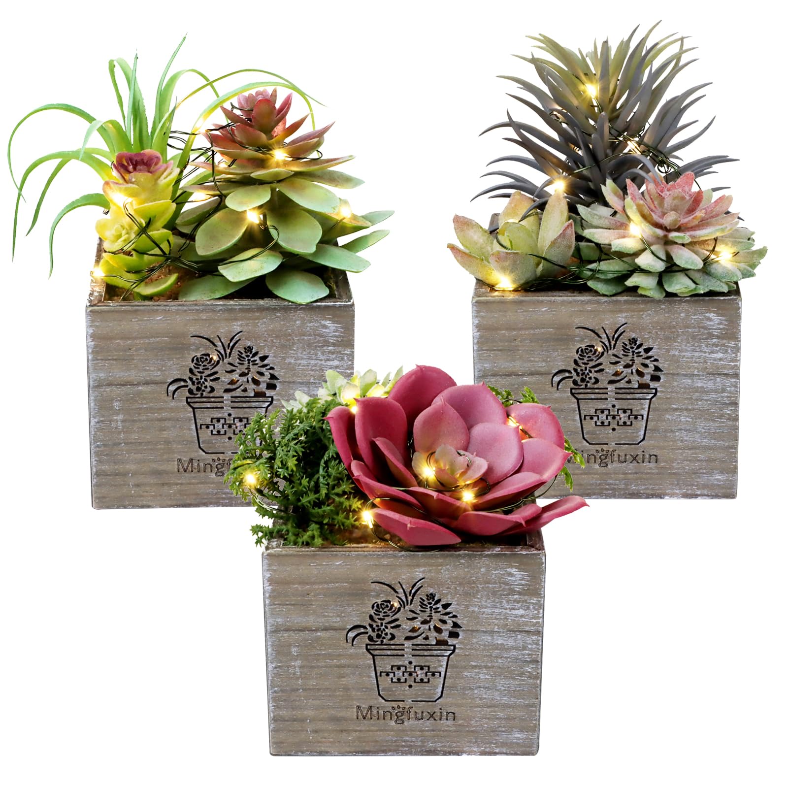 3 Pack Mini Artificial Succulent Plants with LED Lights - Small Fake Plants for Bathroom, Bedroom, Desk & Office Decor - Perfect for Home, Wedding, Party & Gift Giving