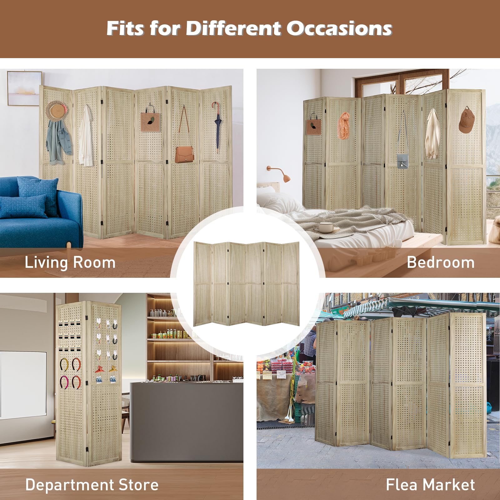ECOMEX 6 Panel Wooden Room Divider - 5.6Ft Folding Privacy Screen & Pegboard Display for Home, Office, Trade Shows | Freestanding Wall Organizer | Natural Wood Finish | Perfect for Room Separation, Craft Displays & Retail Spaces