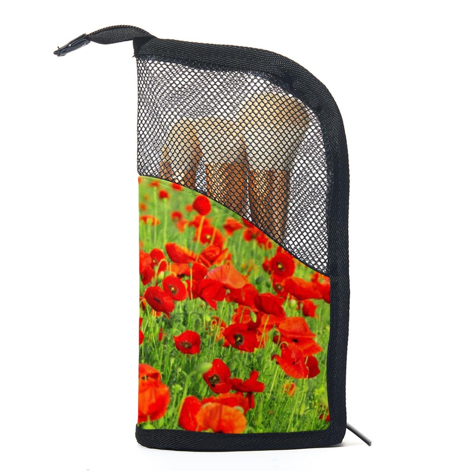 12-Piece Makeup Brush Organizer Bag with Portable Holder Case - Red Poppies Field Design for Travel & Home Storage | Perfect Cosmetic Brush Set for Professional Artists & Beginners