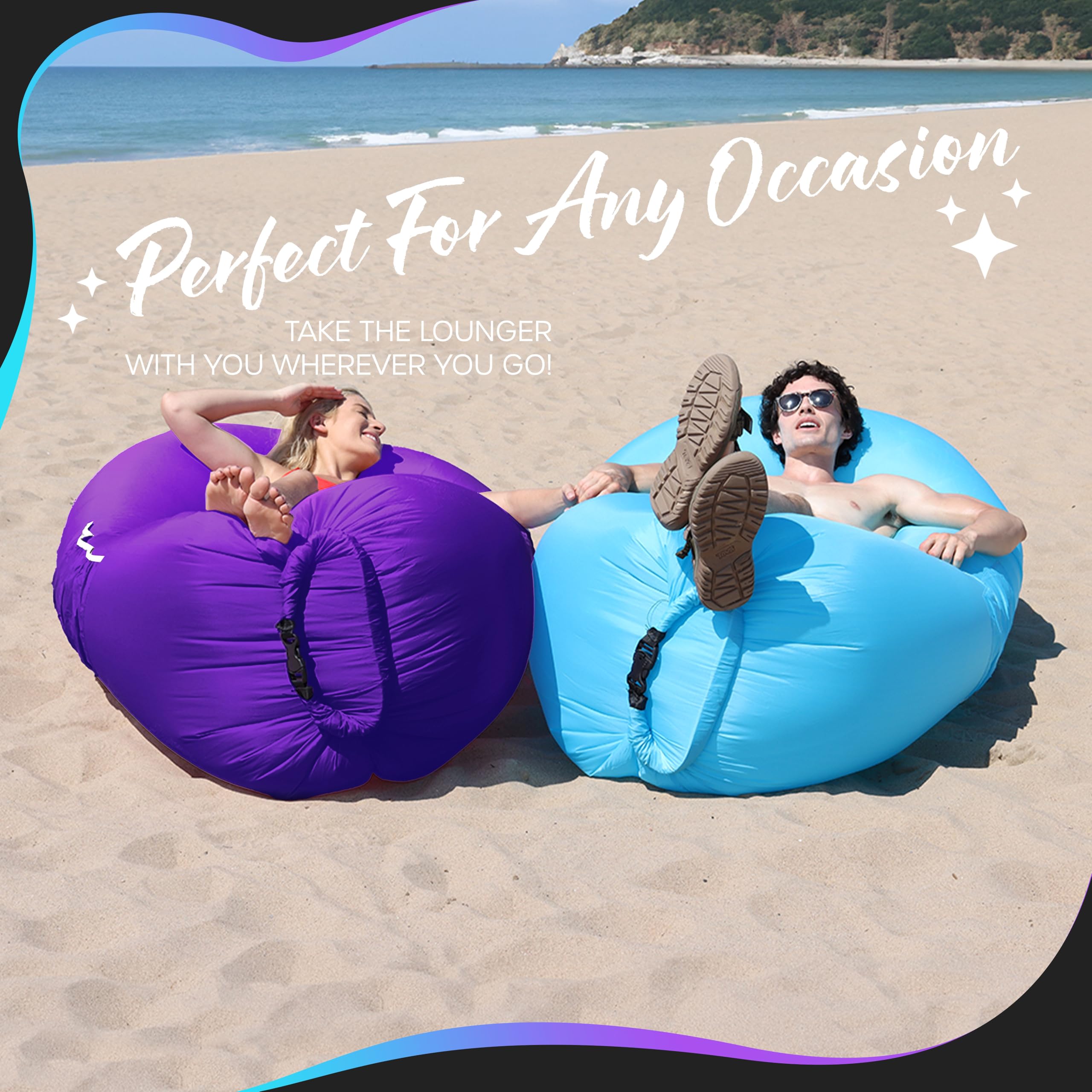Nevlers 2 Pack Inflatable Loungers Air Sofa Couch - Portable Blow Up Outdoor Furniture for Beach, Camping, Travel & Backyard | Includes Travel Bag, Pegs & Storage Pockets | Perfect for Relaxing, Sunbathing, Picnics & Outdoor Movie Nights