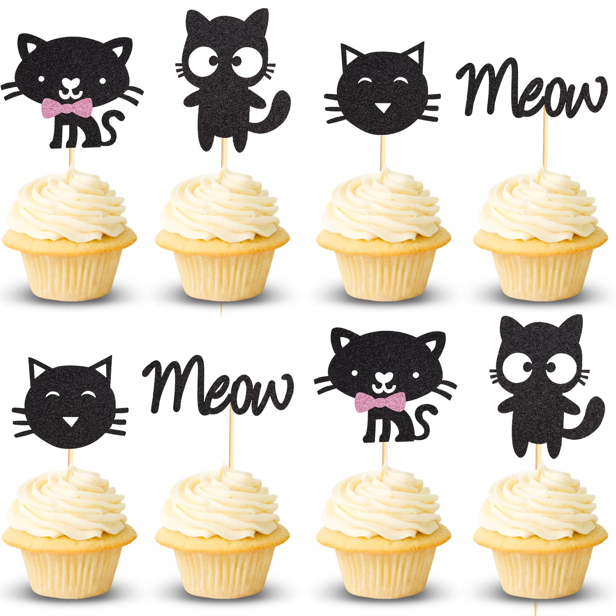 24Pcs Cat Cupcake Toppers - Kitten & Meow Food Picks for Cat Lovers - Black Glitter Cake Decorations for Baby Shower, Kids Birthday, Wedding & Party Supplies - Perfect for Themed Celebrations and Dessert Displays