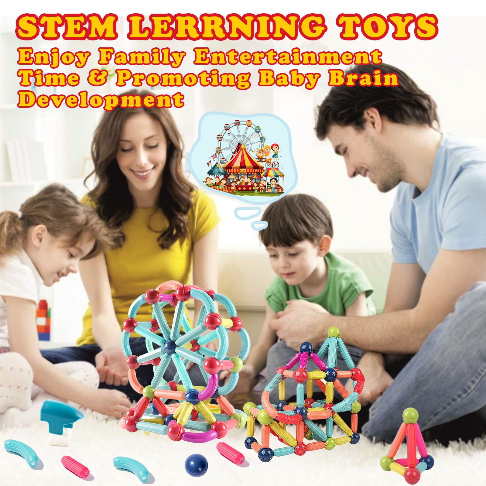 64Pcs Magnetic Building Blocks STEM Educational Toys for Kids Ages 3-8 - Montessori Sensory Learning Toys with 2 Cars for Toddlers Boys & Girls | Perfect for Preschool Classroom, Birthday Gifts & Creative Playtime