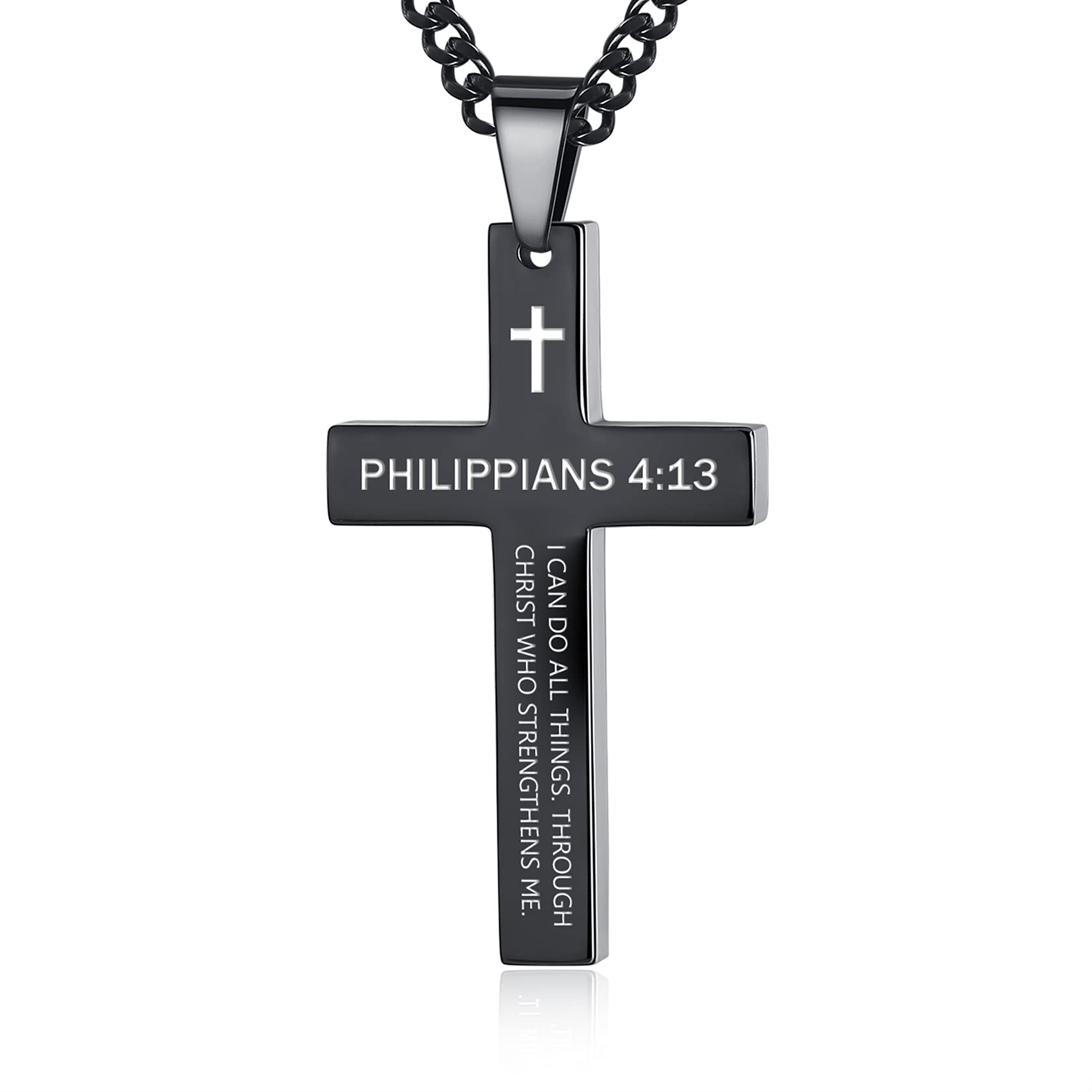 REVEMCN Stainless Steel Cross Pendant Necklace for Men & Boys - Inspirational Bible Verse Faith Jewelry Gift, 20-24 Inch Curb Chain in Black & Silver | Perfect for Church, Daily Wear & Religious Occasions