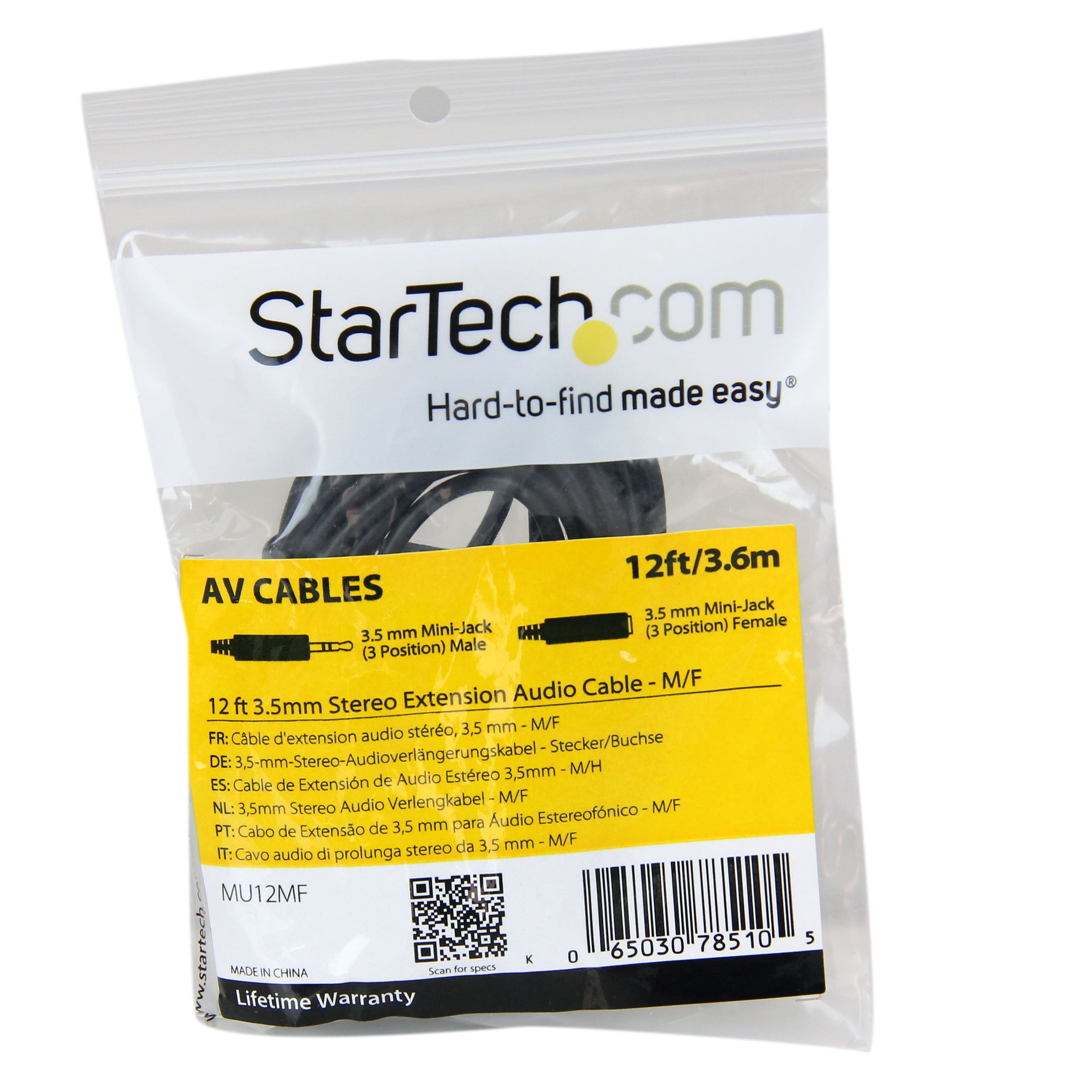 StarTech.com 12 ft. (3.7 m) 3.5mm Male to Female Audio Extension Cable - High-Quality PC Speaker & Headphone Aux Cable with Strain Relief - Black (MU12MF) - Perfect for Home Theater, Gaming, and Office Audio Setups