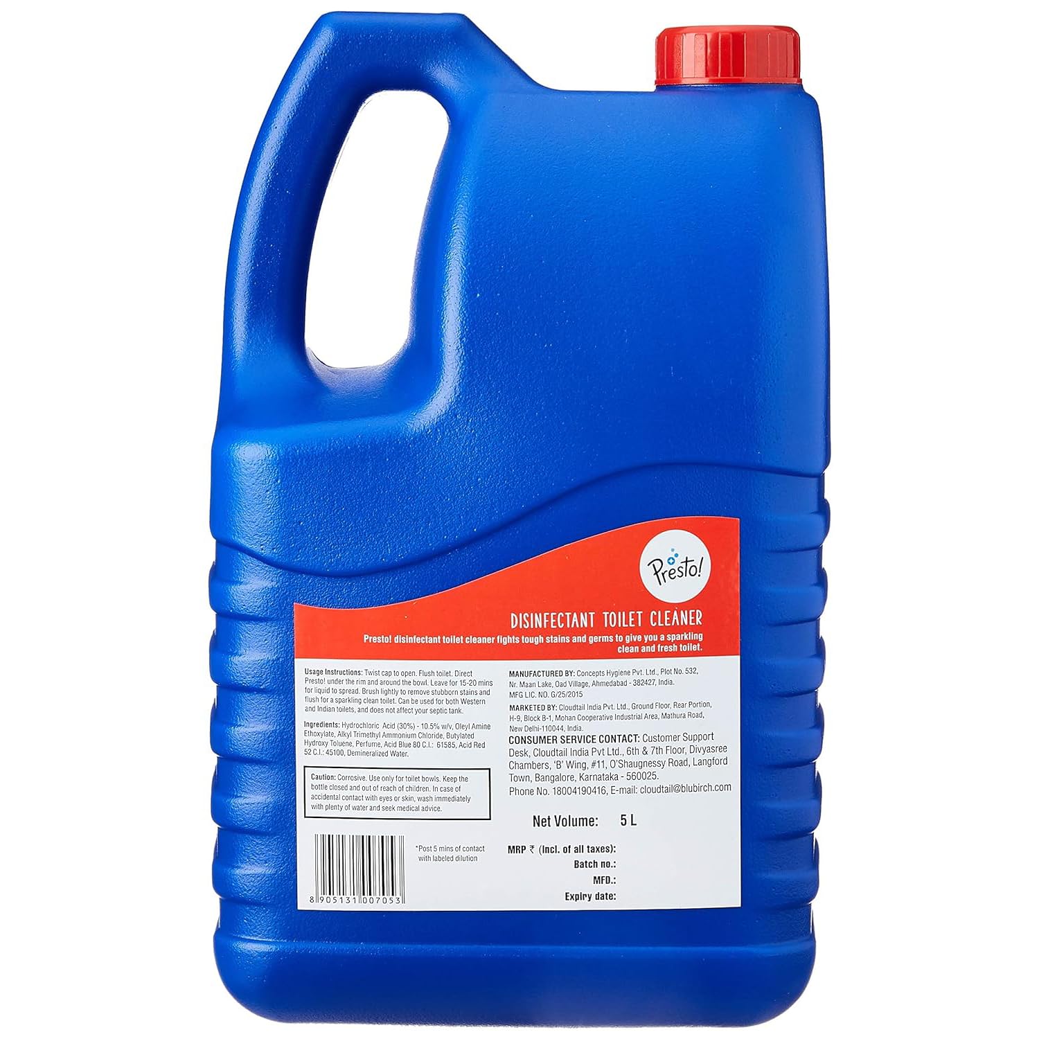 Presto! Disinfectant Toilet Cleaner - Kills 99.9% Germs & Bacteria | Original Formula | 5 Liter Refill | Safe for Septic Tanks | Ideal for Bathroom, Toilet & Household Cleaning