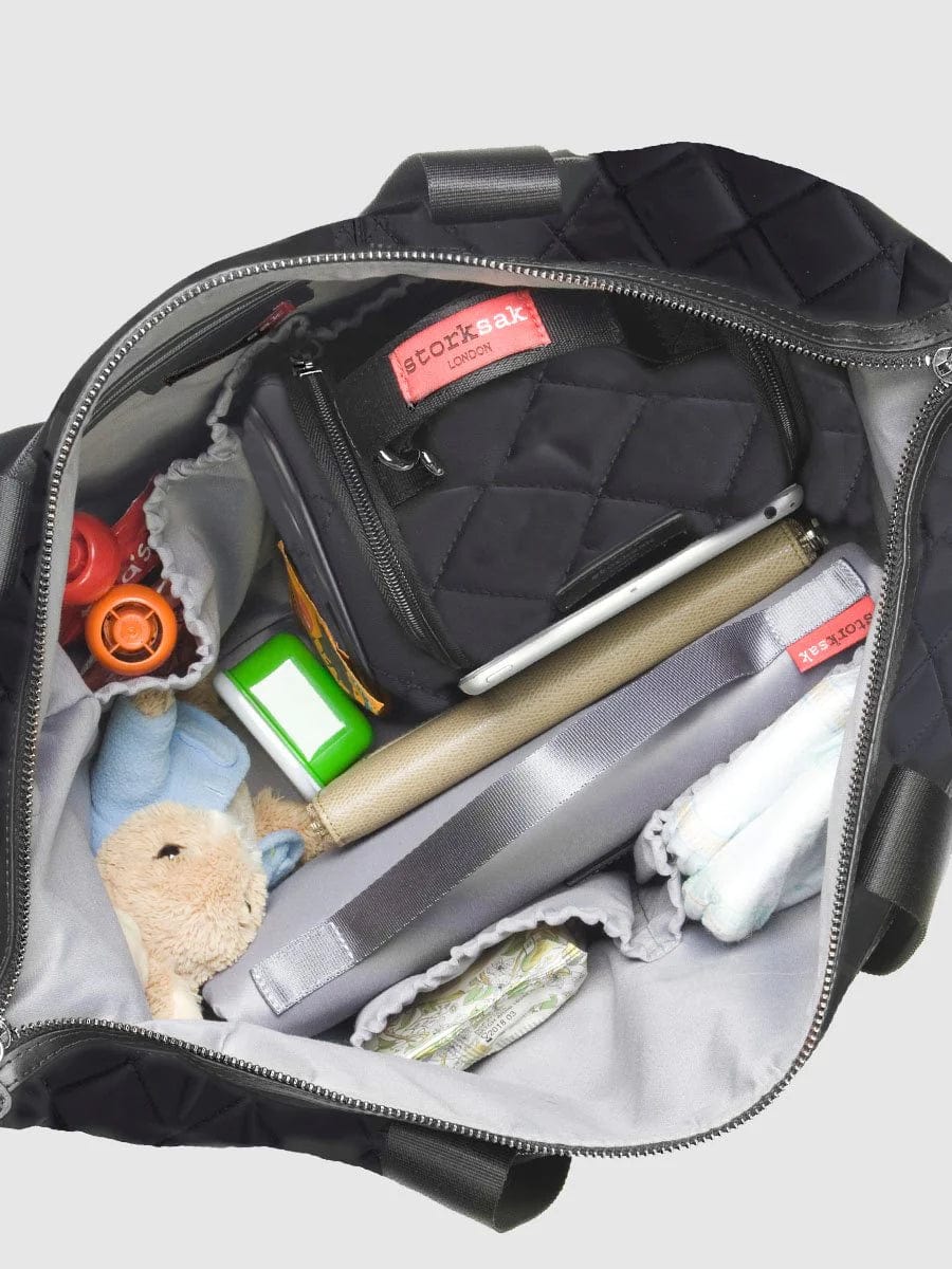 Storksak Stevie Quilted Diaper Bag - Stylish Baby Changing Bag for Moms, Large Capacity Organizer with Insulated Bottle Pockets, Perfect for Travel, Shopping & Daily Use (Black)
