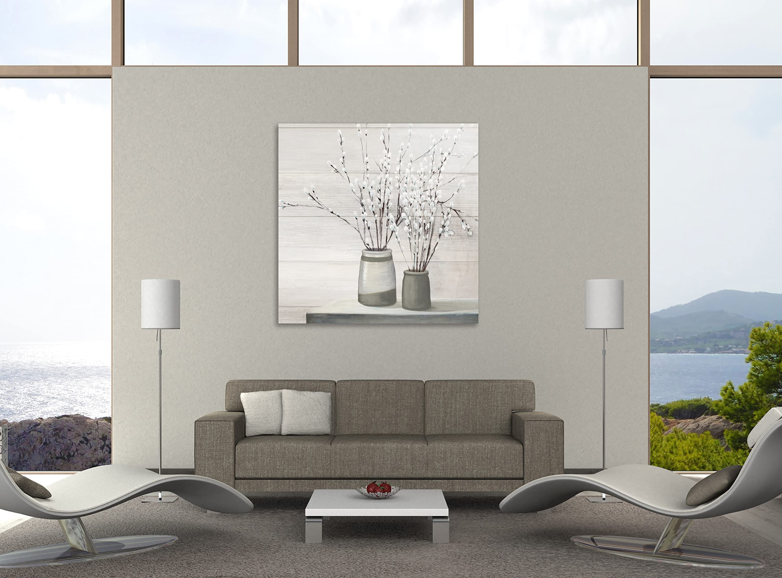 Julia Purinton Pussy Willow Still Life Gray Pots Shiplap Gallery Wrapped Canvas Art Print - 36x36 Inches - Modern Farmhouse Wall Decor for Living Room, Bedroom & Office