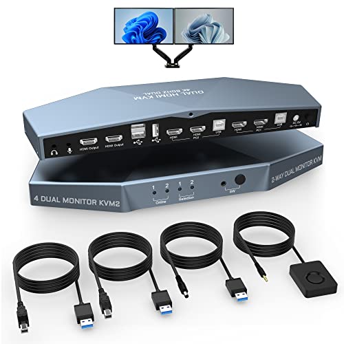 4K@60Hz Dual Monitor KVM Switch for 2 Computers - HDMI 2-Port KVM Switcher with Audio, Microphone & 3 USB 2.0 Ports | PC Keyboard Mouse Monitor Sharing for Home Office & Gaming Setup
