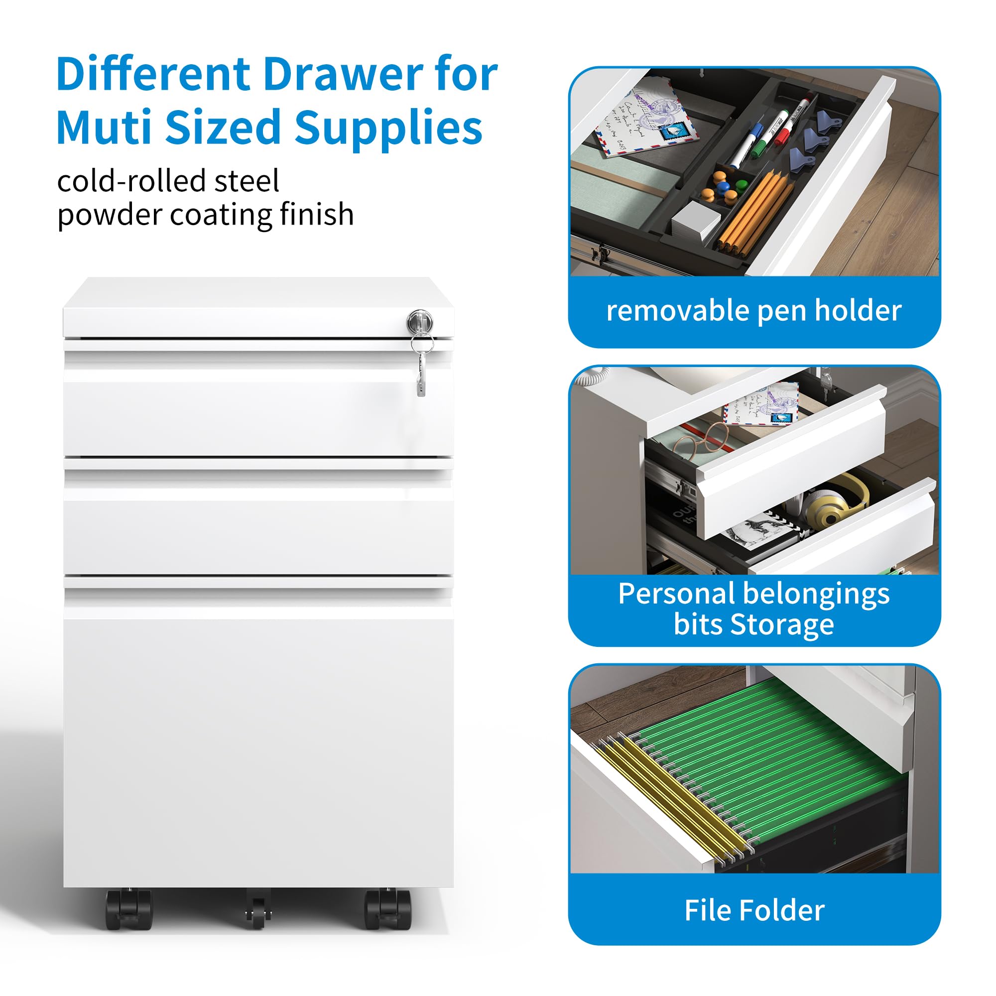 3-Drawer Mobile File Cabinet with Wheels - White Metal Under Desk Vertical Filing Cabinet with Lock, Fully Assembled for Home & Office - Fits Letter, Legal & A4 Size Folders - Perfect for Small Spaces & Organized Workspaces