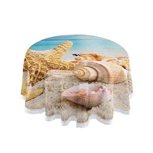Wusikd 60 Inch Round Beach Tablecloth with Seashell & Starfish Design - Outdoor Waterproof Polyester Table Cover with Umbrella Hole for Camping, Picnic, Patio, Parties, BBQs - Perfect for Summer Gatherings & Ocean-Themed Decor
