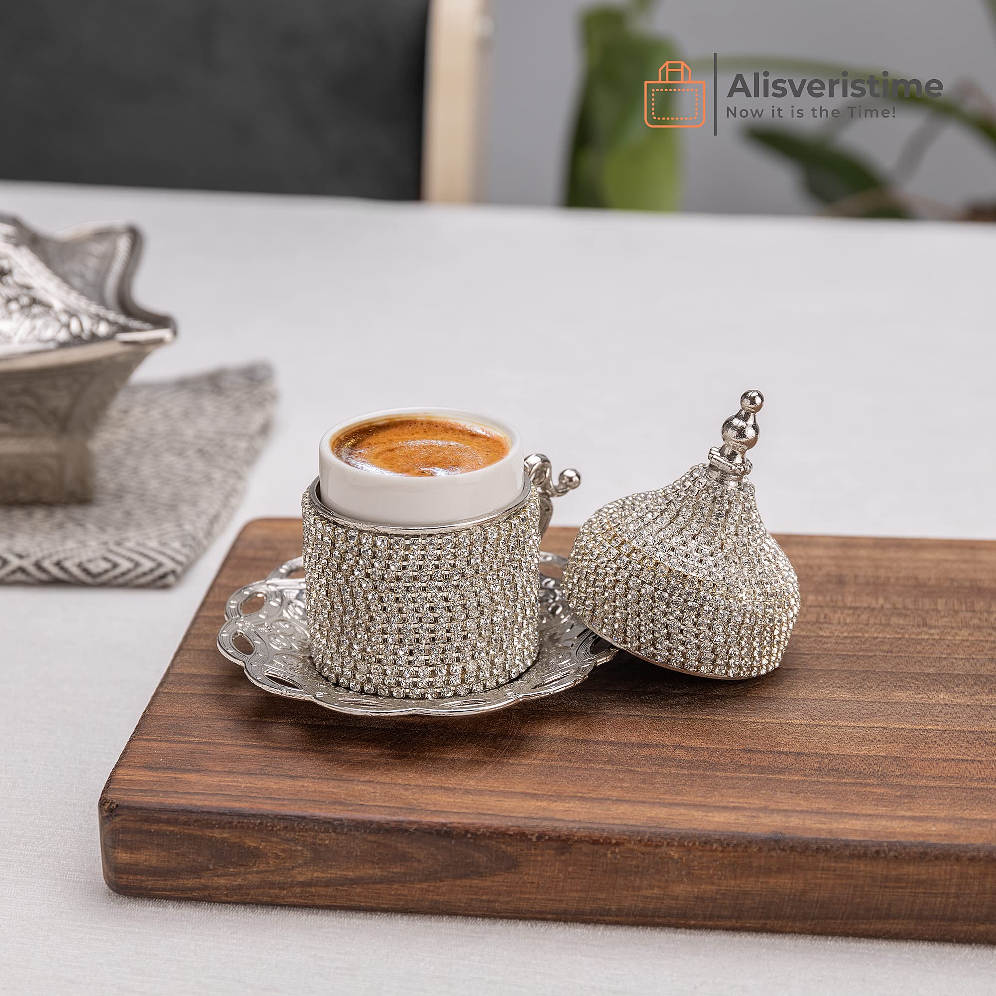 Turkish Coffee Set - 27-Piece Crystal Embellished Zamac Espresso Cups, Saucers & Sugar Bowl with Tray - Silver, Gold & Bronze Color Options - Perfect for Home Entertaining, Gifts & Traditional Coffee Ceremonies