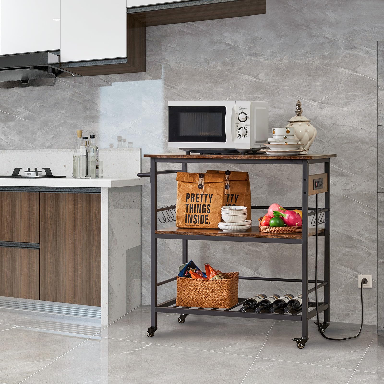IBUYKE 3-Tier Kitchen Island Cart with Power Outlet & Large Worktop - Mobile Kitchen Table with Wheels for Food Prep, Storage & Serving - Perfect for Home Kitchen, Outdoor BBQ & Dining Room Use