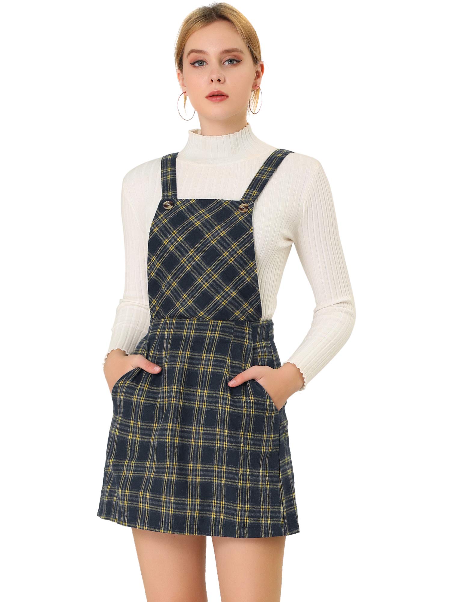 Allegra K Women's Plaid Pinafore Mini Dress with Adjustable Straps - Stylish Suspender Skirt for Casual Outings, Date Nights & Fall Fashion
