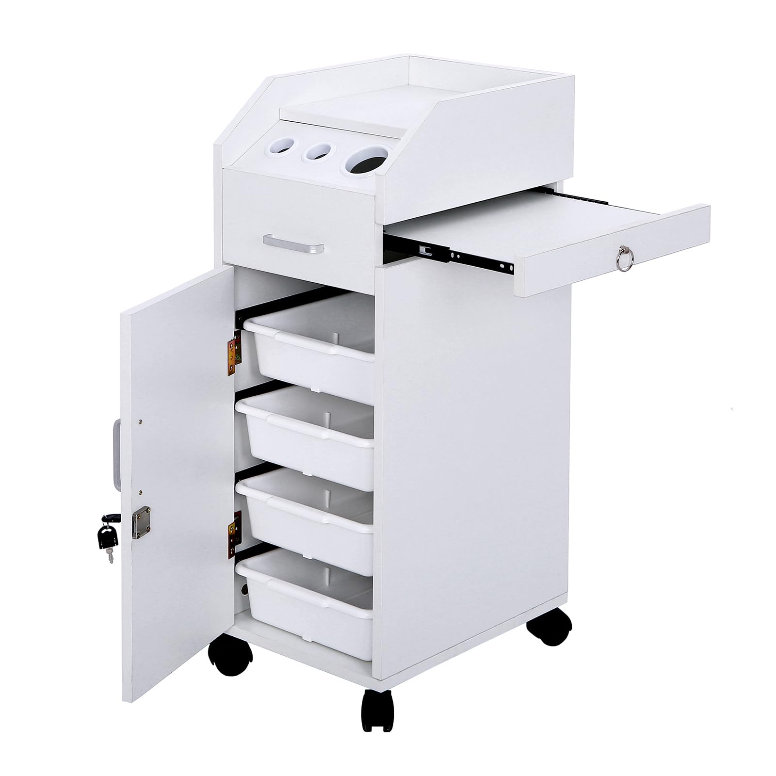 Winado Mobile Hair Salon Storage Cart with Wheels - 3 Hair Dryer Holders, 4 Lockable Drawers with 2 Keys - Professional Hairdressing & Makeup Station - Ideal for Salon, Spa, Home Beauty Setup (White)