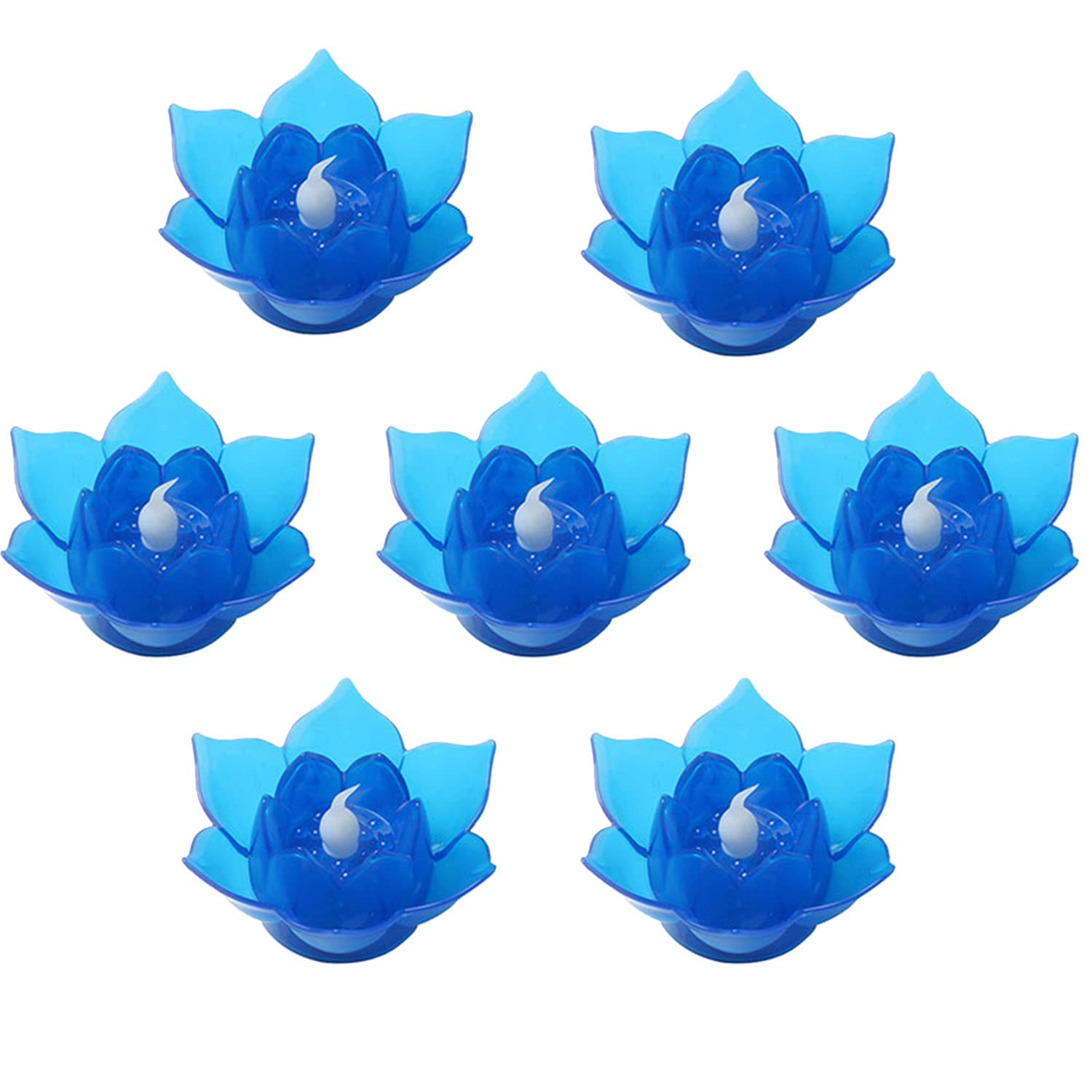 Romingo 7 Pack Lotus LED Floating Candles - Battery Operated Flameless Tea Lights with Realistic Flickering Flame - Blue LED Candles for Weddings, Bathroom Decor, Spa, and Romantic Dinner Ambiance