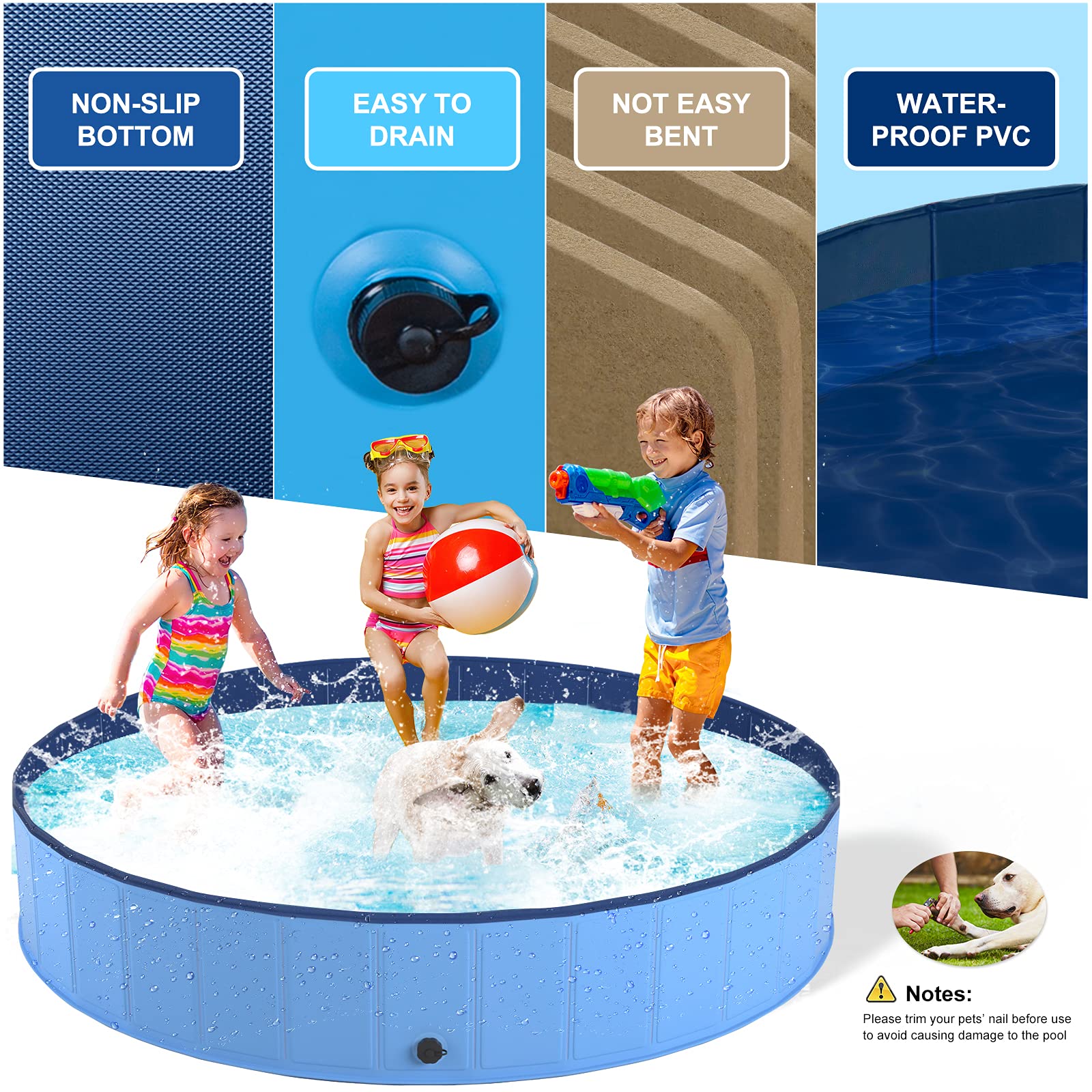 Foldable Dog Pool for Large Dogs - Portable Slip-Resistant Pet Bathing Tub, Collapsible PVC Swimming Pool for Dogs, Cats & Kids - Outdoor Water Play for Backyard, Beach & Summer Fun (Large Size)
