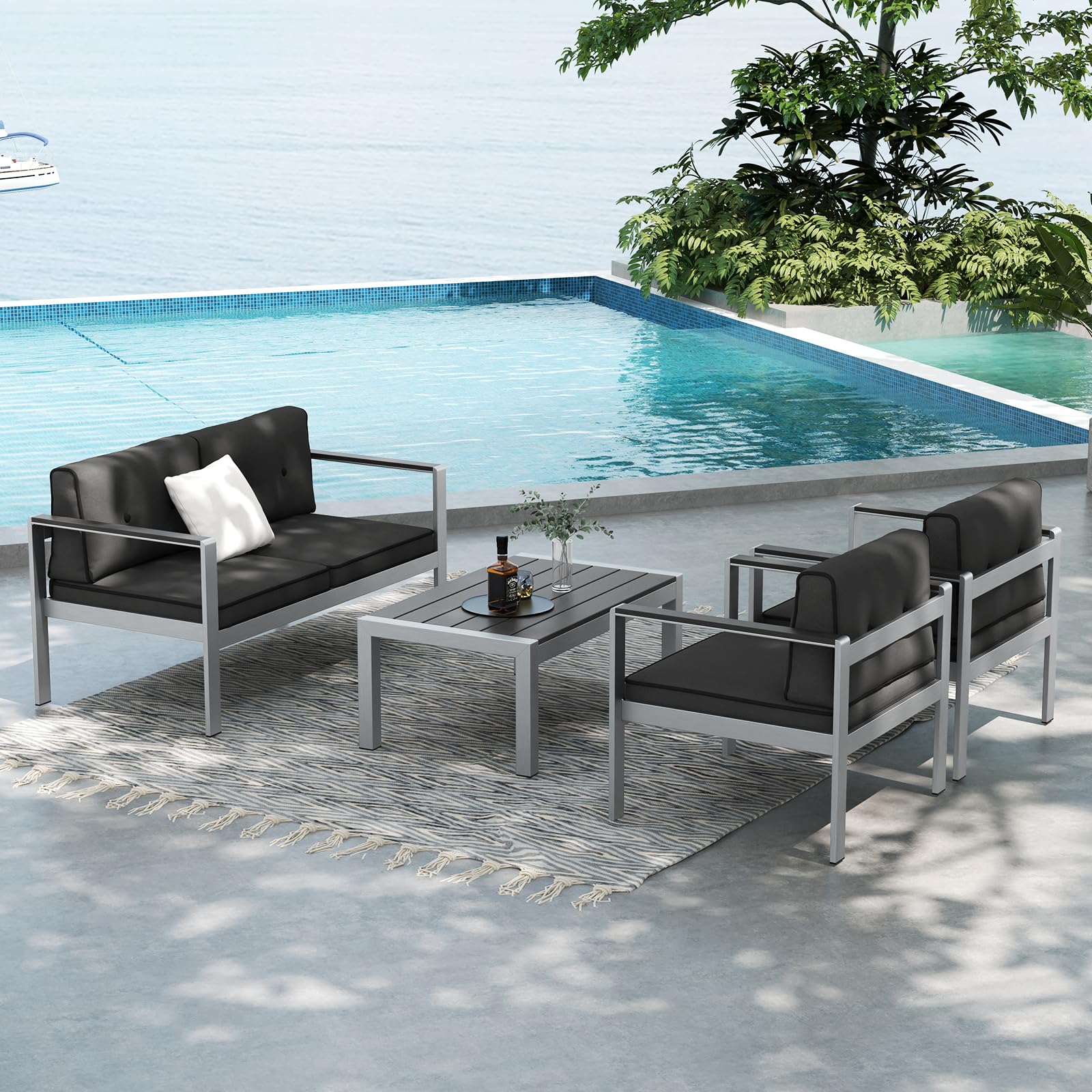Tangkula Patio Aluminum Loveseat Sofa - Modern 2-Person Outdoor Wicker Chair with WPC Armrests & Comfortable Cushions, Contemporary Balcony Furniture for Backyard, Garden, Deck, Porch (Gray) - Perfect for Relaxing, Entertaining Guests, and Outdoor Lounging