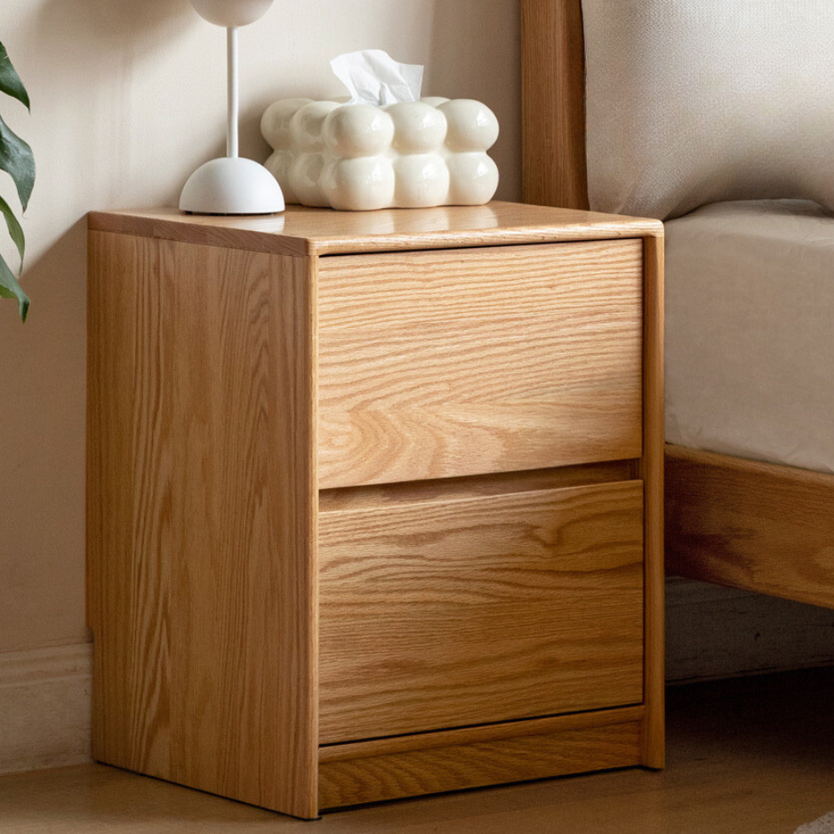 Solid Oak Wood Nightstand with 2 Drawers - Bedroom Side Table for Bedside Storage & Organization