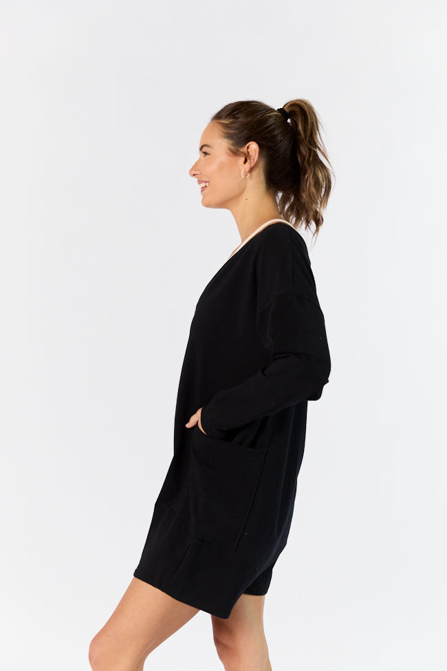 Black Deep V-Neck Pocketed Long Sleeve Romper for Women - Casual Daily Wear & Layering Essential - Perfect for Work, Date Night, and Weekend Outings