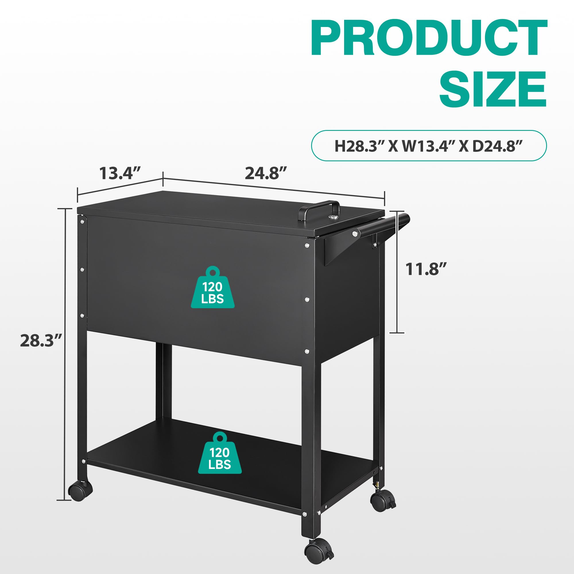Black Metal Rolling File Cart with Wheels - Hanging File Organizer Cabinet for A4/F4/Letter/Legal Size Documents - Mobile Office Storage Solution for Home & Office Workspace Organization