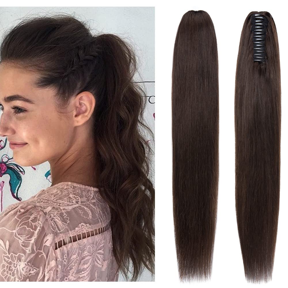 Premium 20 Inch Human Hair Ponytail Extension - Real Hair Clip-In Ponytail with Balayage Dark Brown (#2) for Women | 120g Straight Hair Extensions | Perfect for Parties, Weddings & Everyday Styling