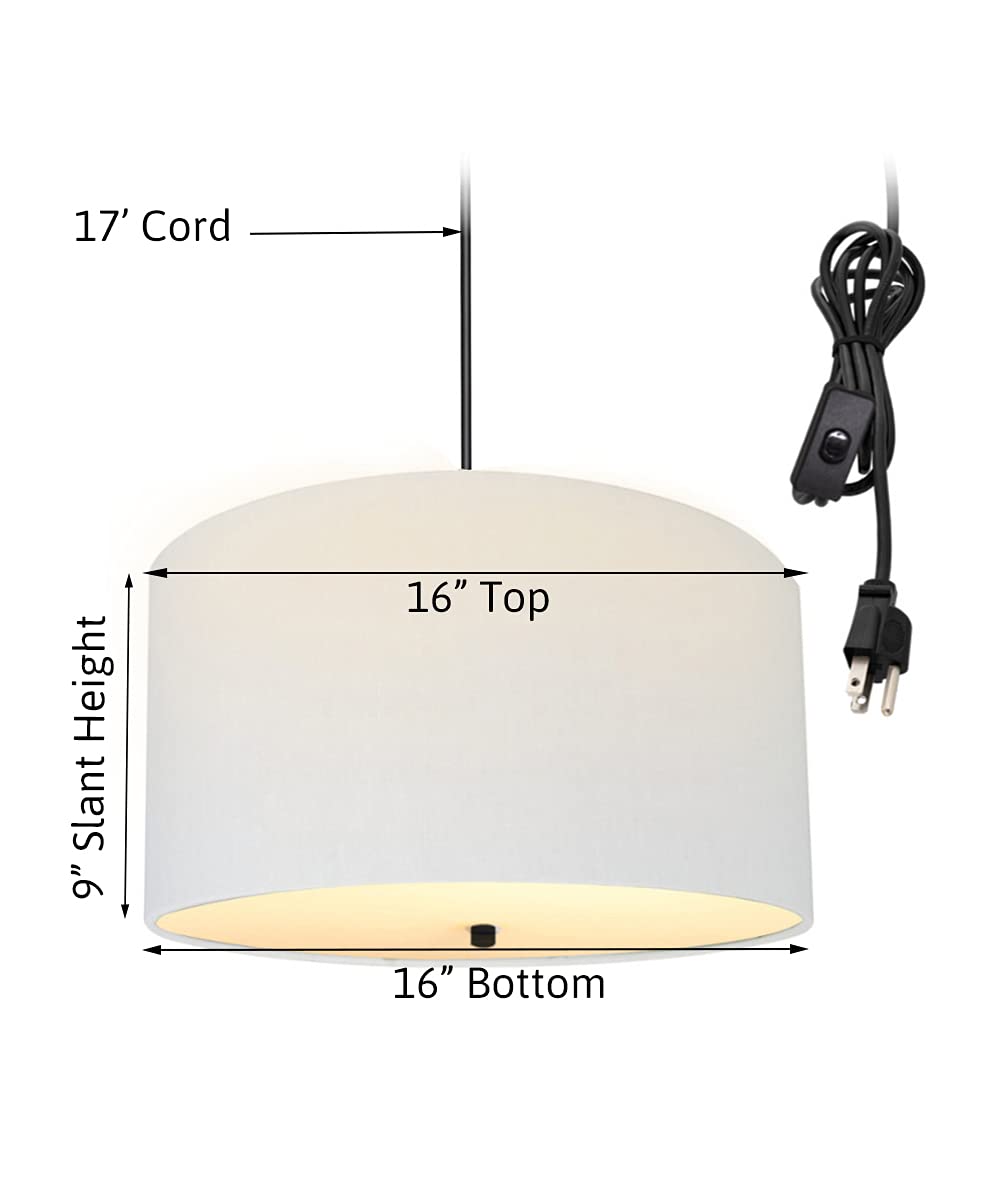 HomeConcept 2-Light Plug-in Swag Pendant with White Linen Drum Shade & Diffuser - 16 Inch Black Cord for Kitchen Island, Dining Room, or Bedroom Lighting