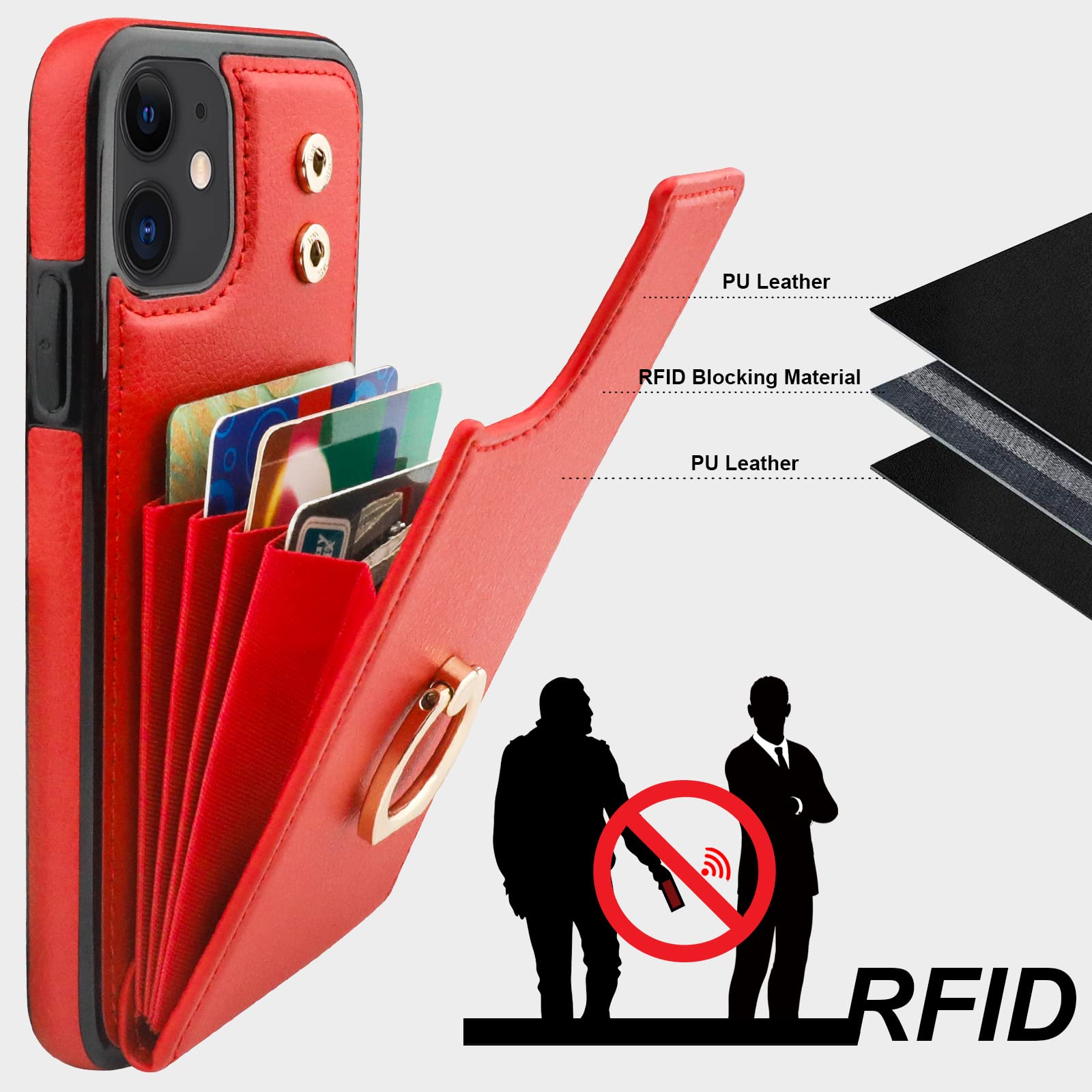 Folosu iPhone 11 Case Wallet with Card Holder - 360° Rotating Finger Ring Stand, Kickstand & RFID Blocking PU Leather Cover | Shockproof Flip Case with Double Buttons for 6.1