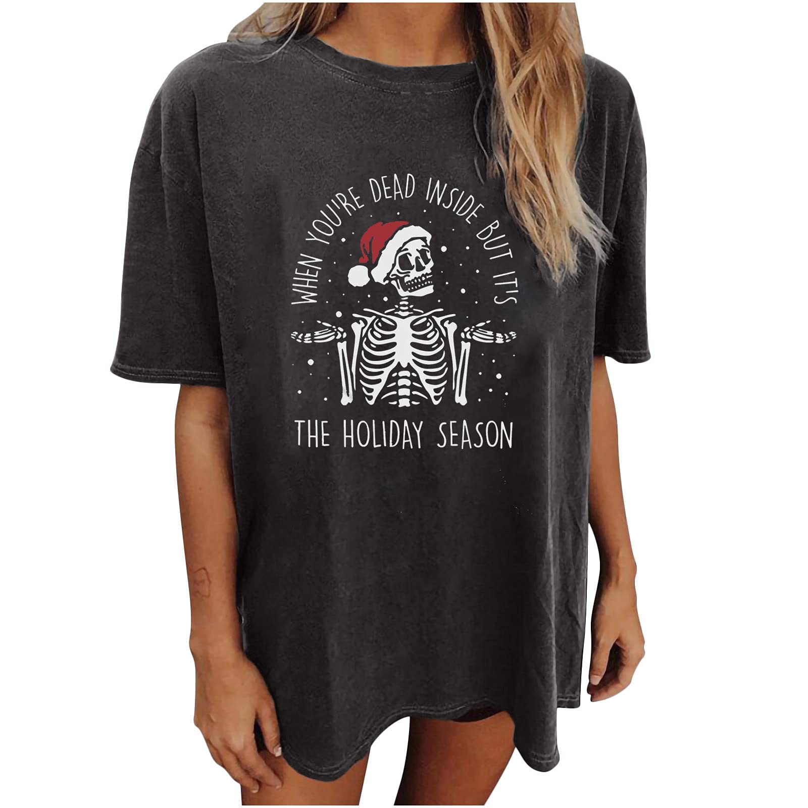 Halloween Skeleton T-Shirts for Women - Grunge Oversized Tops for Party & Cosplay