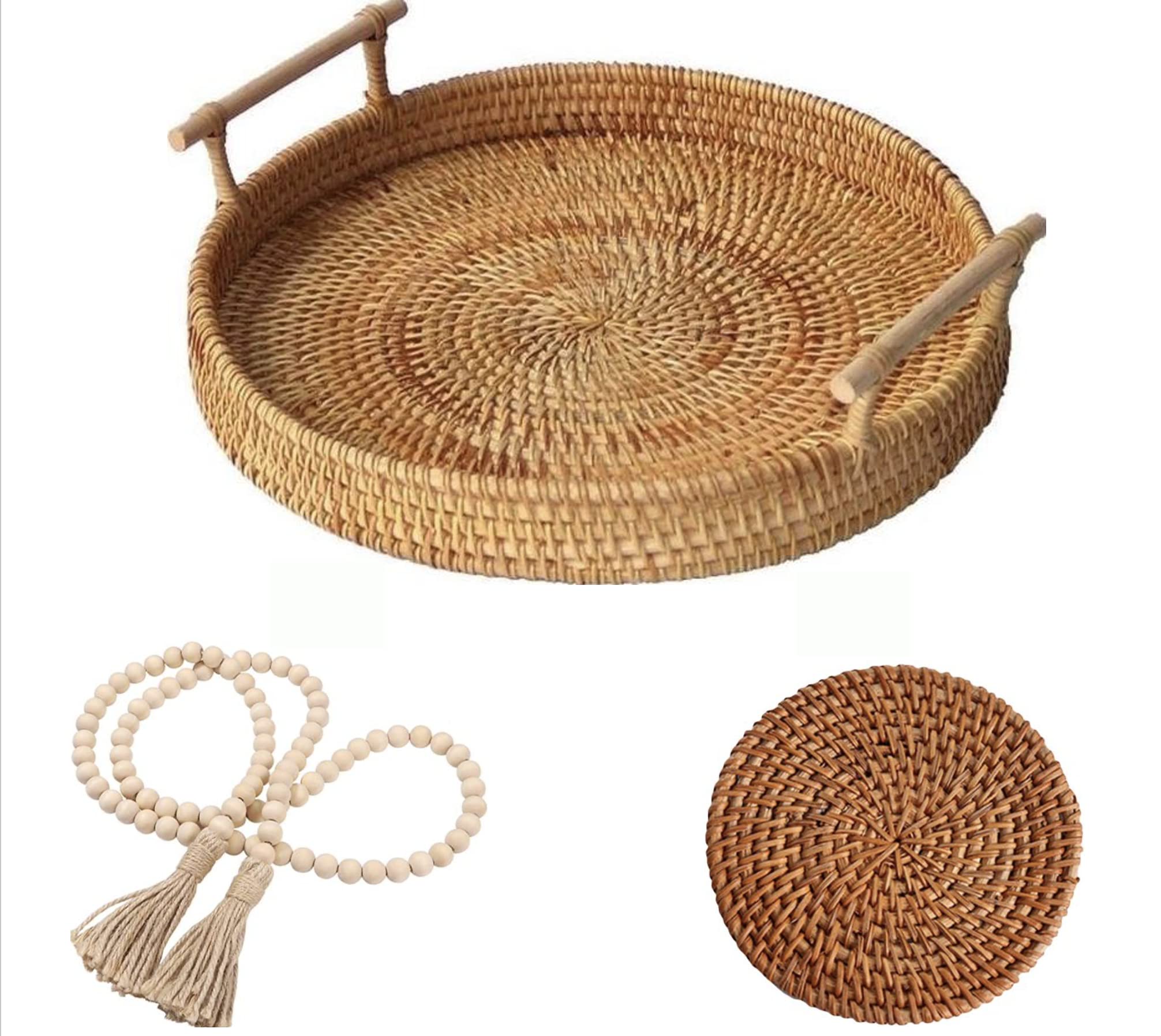 Stasia Decorative Round Coffee Table Tray - Handwoven Rattan Wicker Serving Tray Basket for Boho Home Decor | Perfect for Living Room, Bedroom & Ottoman Use | Fall & Seasonal Home Accent