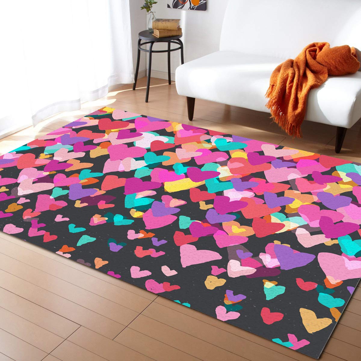 Valentine's Day Heart Print 5x8 Feet Non-Slip Area Rug - Waterproof Indoor Outdoor Rug for Living Room, Patio, Deck, Picnic - Easy Clean Rainbow Hearts Design for Romantic Celebration & Home Decor