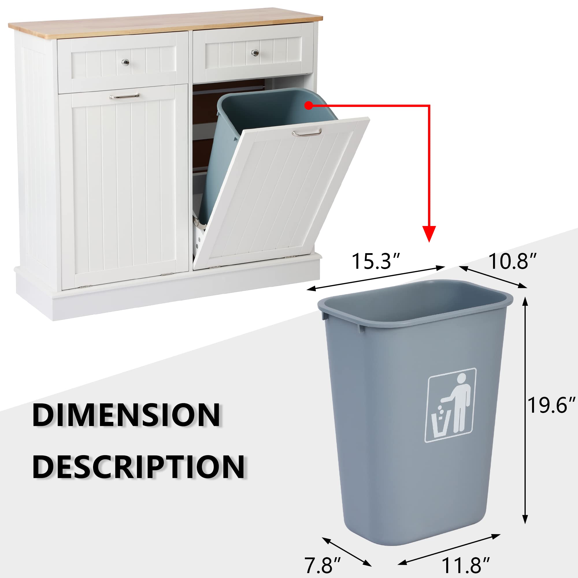 White Wooden Tilt-Out Trash Can Cabinet with Double Hidden Trash Bin Holder - Free Standing Kitchen Recycling Storage Organizer, Dog-Proof Garbage Can for Home & Office Use