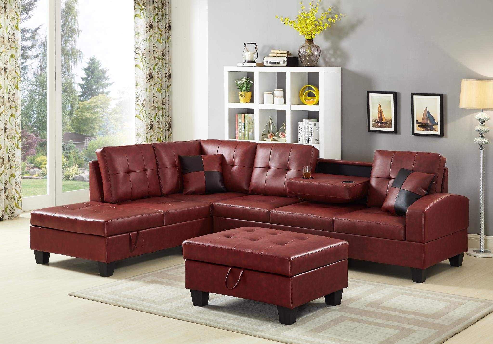Premium L-Shaped Faux Leather Sectional Sofa Set with Left-Facing Chaise & Ottoman - Burgundy Red 3-Piece Living Room Furniture for Modern Homes, Apartments & Entertainment Spaces