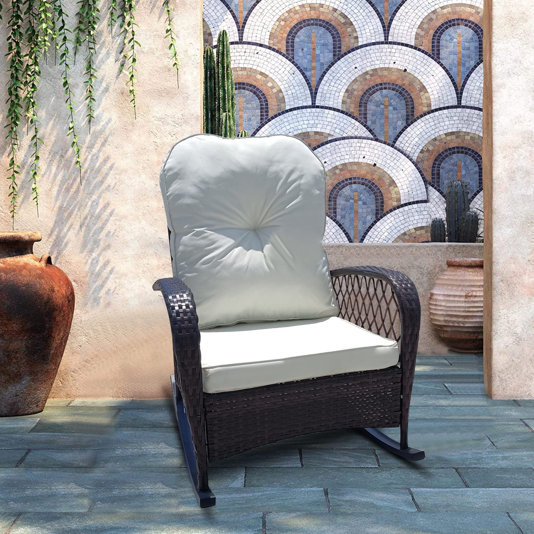 PE Rattan Rocking Chair with White Cushion - Modern Wicker Patio Furniture for Garden, Porch, Balcony & Indoor Use - Comfortable Rocking Motion - Perfect for Relaxing, Reading & Outdoor Lounging (1-Piece Set)