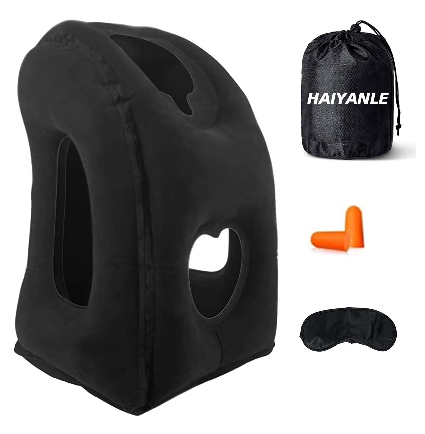 HAIYANLE Inflatable Travel Pillow for Adults - Comfortable Neck Support for Airplane, Car & Office - Includes Eye Mask, Earplugs & Portable Carry Bag - Perfect for Long Flights, Road Trips & Work Naps