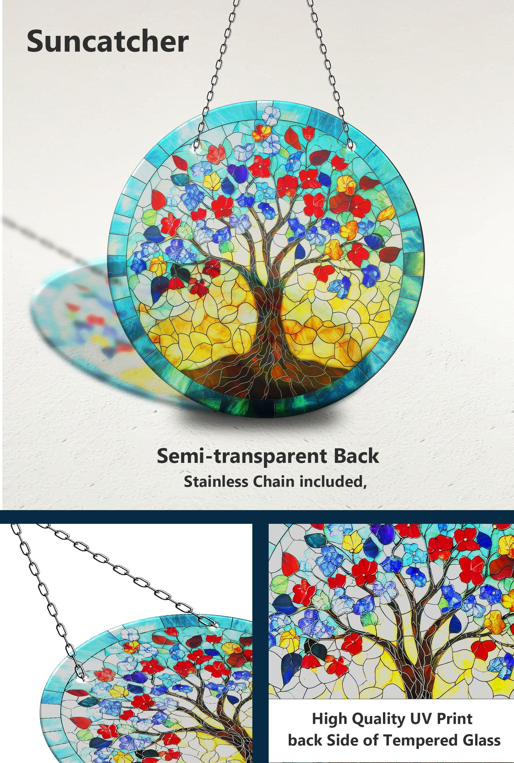 Blue Tree of Life Suncatcher - Handmade Stained Glass Window Decor for Home, Office & Garden - Perfect for Gifts & Spiritual Decorations