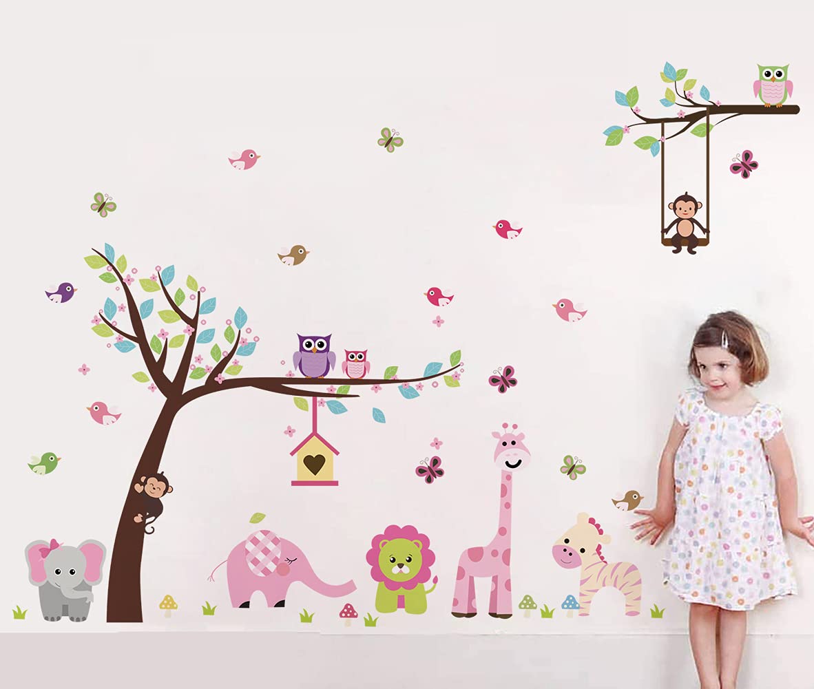 Jungle Animal Wall Decals for Nursery - Monkey, Elephant & Giraffe Tree Wall Stickers - Kids Room Decor for Girls & Boys - Perfect for Bedroom, Playroom & Daycare Wall Art