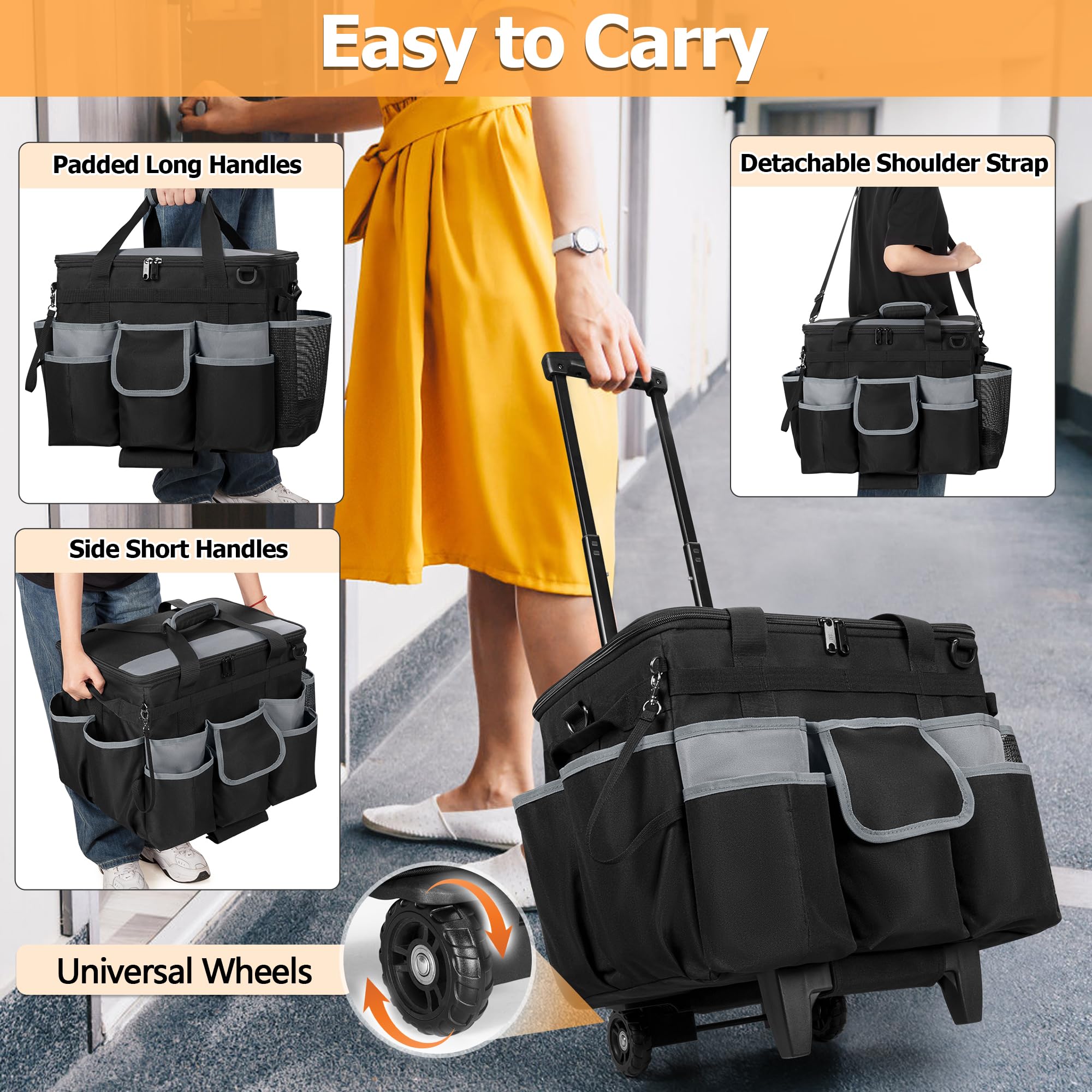 Large Rolling Cleaning Caddy with Detachable Trolley & Lid - Mobile Cleaning Cart with Wheels, Shoulder Strap & Handles - Multi-Pocket Cleaning Supplies Organizer for Mops, Brooms & Tools - Perfect for Home, Office & Janitorial Use