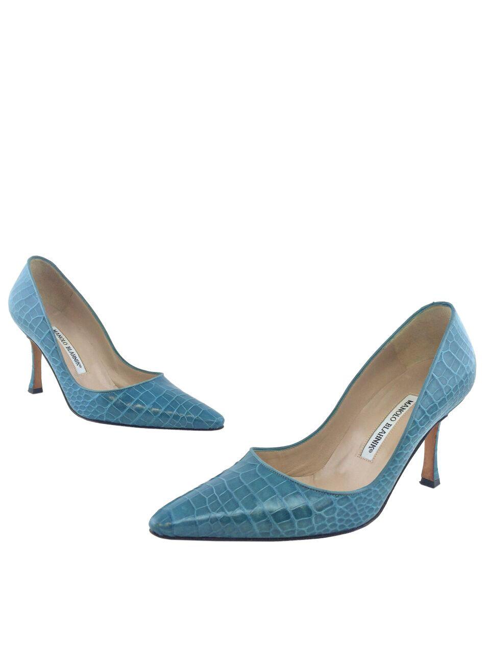 Manolo Blahnik BB Crocodile Leather Pumps Women's Size 7 (IT37) - Elegant Pointed Toe Heels for Weddings & Evening Events